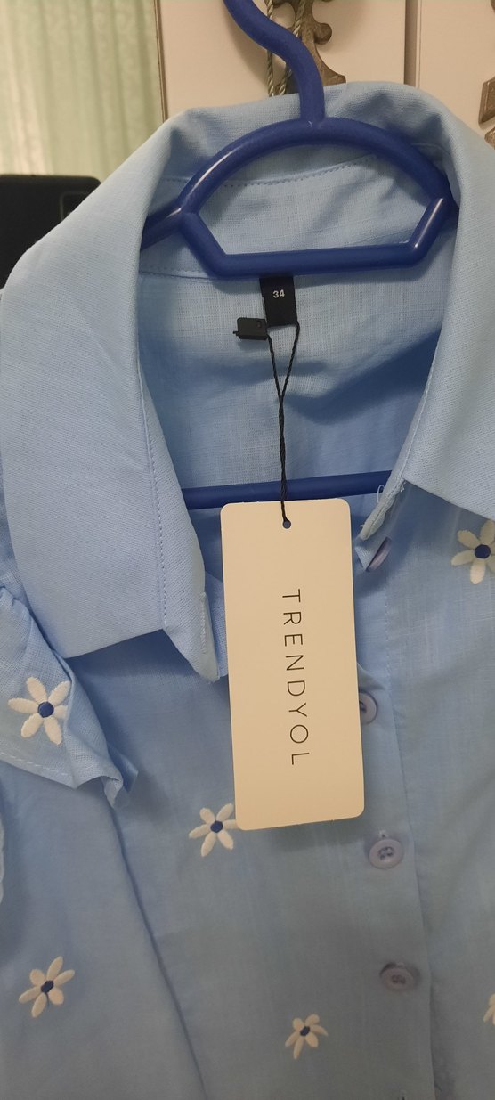 Mavi Keten Kadın Gömlek Düğmeli ve Kısa Kollu - Görsel 2