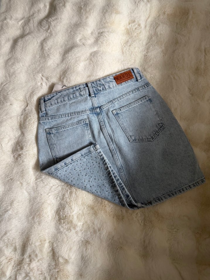 Payet Detaylı Mavi Denim Mini Etek - Görsel 3