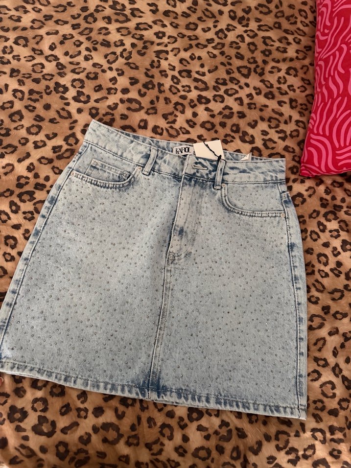 Payet Detaylı Mavi Denim Mini Etek - Görsel 4