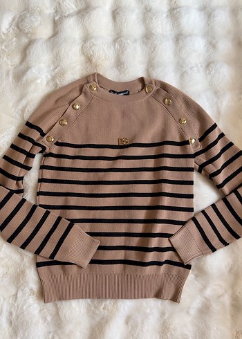 Düğmeli Kahverengi Çizgili Kadın Triko - Görsel 3