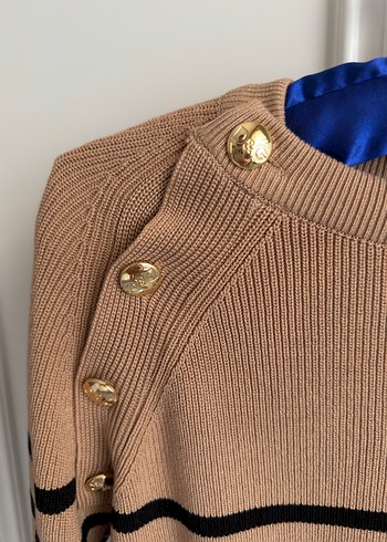 Düğmeli Kahverengi Çizgili Kadın Triko - Görsel 2