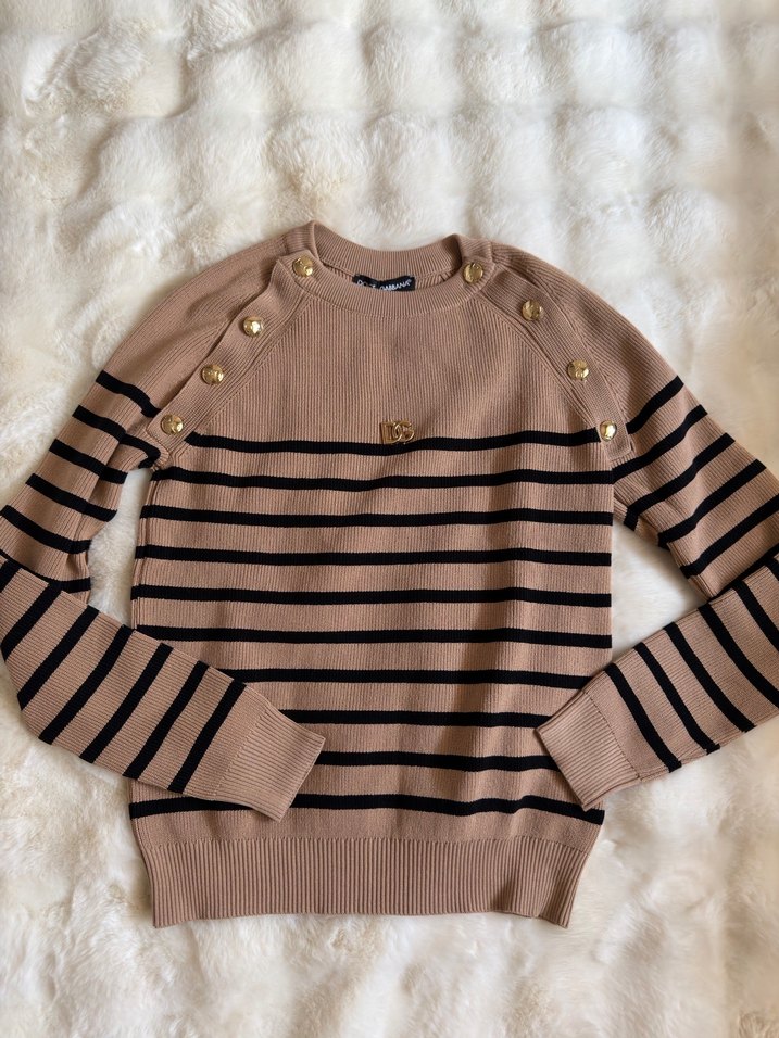 Düğmeli Kahverengi Çizgili Kadın Triko - Görsel 3