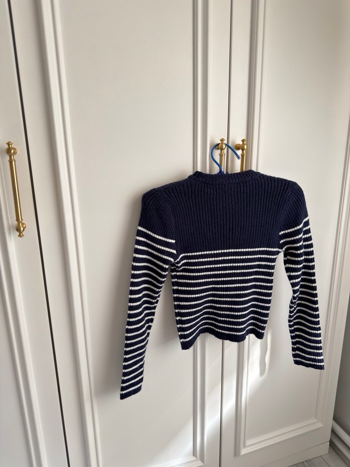 Navy Çizgili Nakışlı Kadın Kazak - Görsel 4