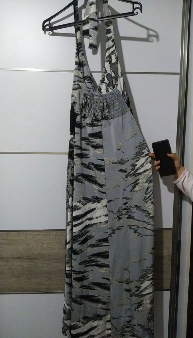 Gri Batik Desenli V Yaka Uzun Elbise - Görsel 2