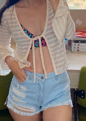 s Beden Dantel Detaylı Beyaz Mini Denim Şort