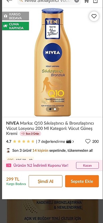  Beden Nivea sıkılaştırıcı+bronzluk vücut losyonu