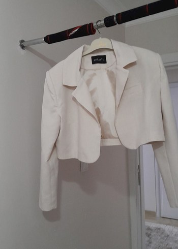 36 Beden beyaz Renk Beyaz Keten Mini Blazer