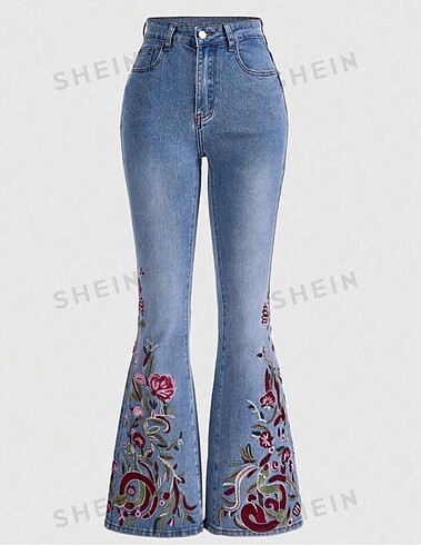 Shein Çiçek Baskılı Flare Kot Pantolon