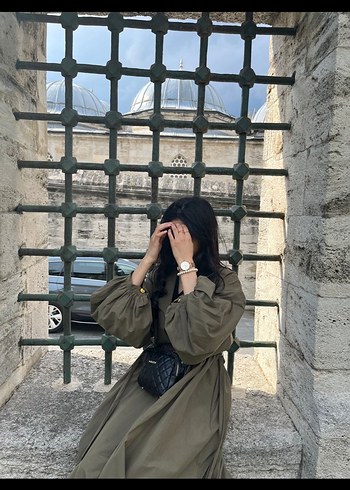 Kadın Kemerli Uzun Keten Trençkot - Görsel 3