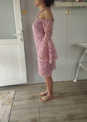 Dantel Detaylı Pudra Pembe elbise - Görsel 5