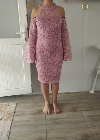 Dantel Detaylı Pudra Pembe elbise - Görsel 2
