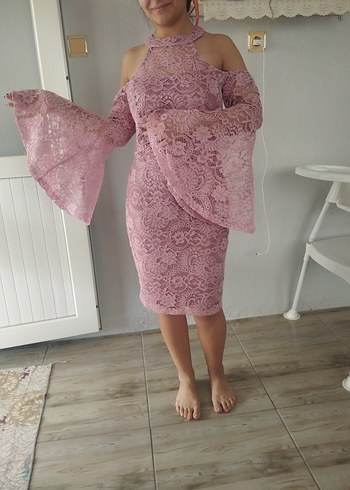 Dantel Detaylı Pudra Pembe elbise - Görsel 4