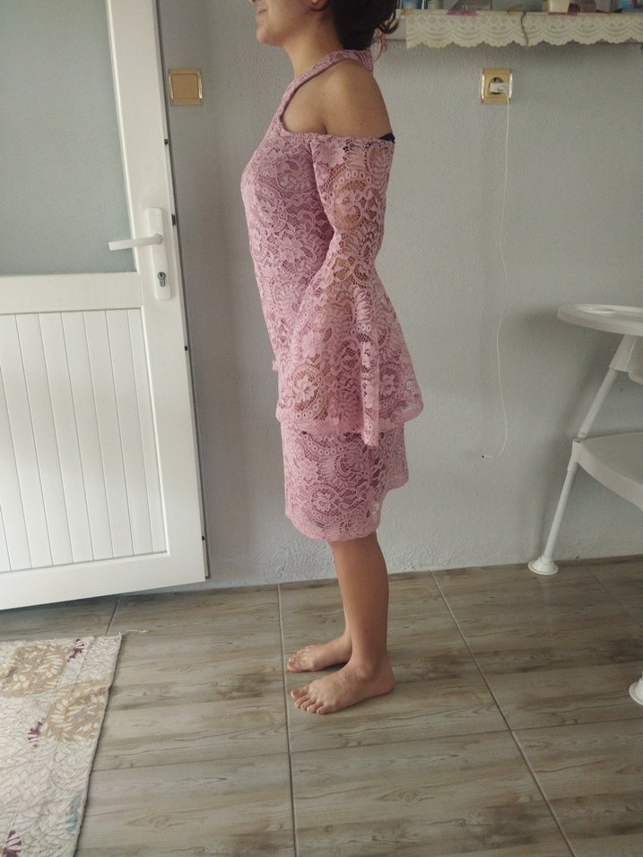 Dantel Detaylı Pudra Pembe elbise - Görsel 5