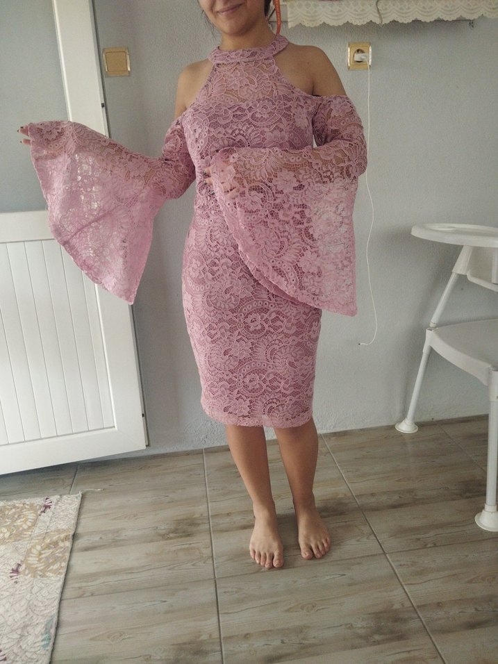 Dantel Detaylı Pudra Pembe elbise - Görsel 4