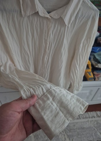 Beyaz Pilili Keten Kadın Gömlek - Görsel 3