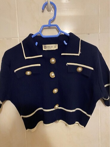 Lacivert Polo yaka inci düğmeli etek crop ikili takım