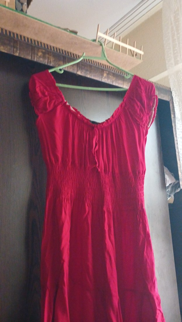 Kırmızı Drapeli Uzun Straplez Elbise - Görsel 2