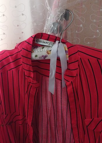 Kırmızı Çizgili Salaş Midi Kadın Gömlek - Görsel 2