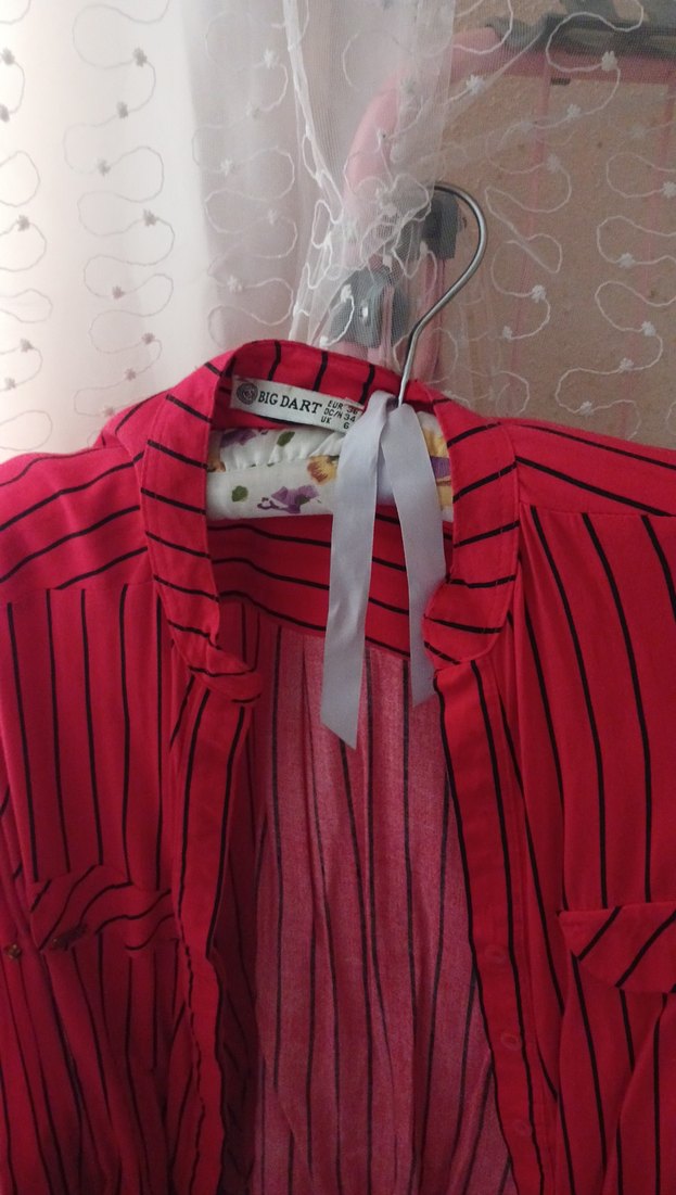 Kırmızı Çizgili Salaş Midi Kadın Gömlek - Görsel 2