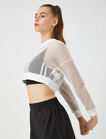 s Beden beyaz Renk Koton File Spor Crop Sweatshirt
