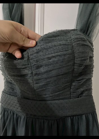 Uzun koyu yeşil Gotik Straplez Abiye Elbise - Görsel 2