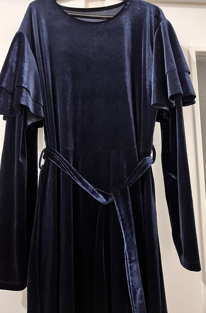 Kemerli Lacivert Kadın Uzun Süet Elbise - Görsel 2