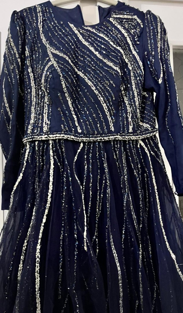 Lacivert İşlemeli Kadın Uzun Abiye Elbise - Görsel 2