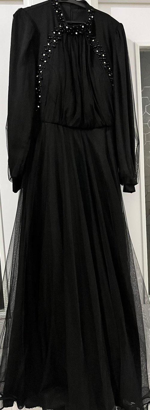 Uzun Siyah Gotik Nakışlı Abiye Elbise - Görsel 2