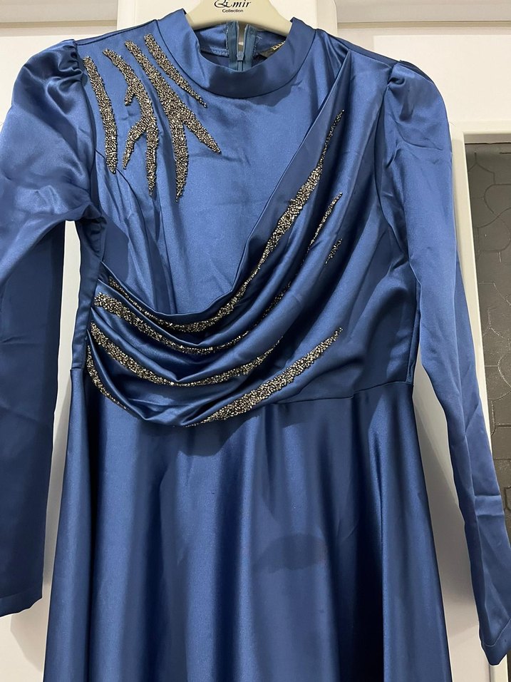 Mavi Uzun Kollu Drapeli Abiye Elbise - Görsel 2