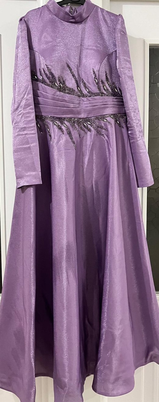 Mor Uzun Kollu Drapeli Abiye Elbise - Görsel 2