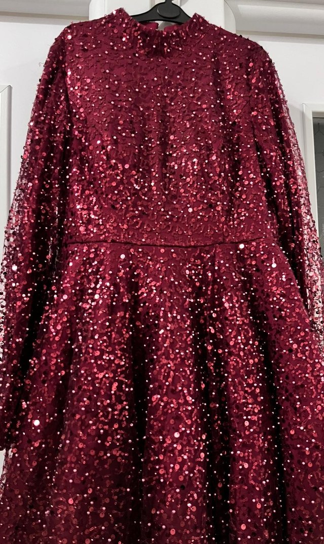 Bordo Parlak Uzun Kollu Düğün Elbisesi - Görsel 2