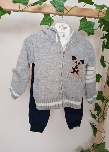 Gri Örgü Kapüşonlu Erkek Bebek Takımı - Görsel 2