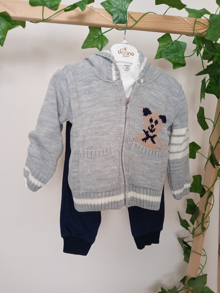 Gri Örgü Kapüşonlu Erkek Bebek Takımı - Görsel 2