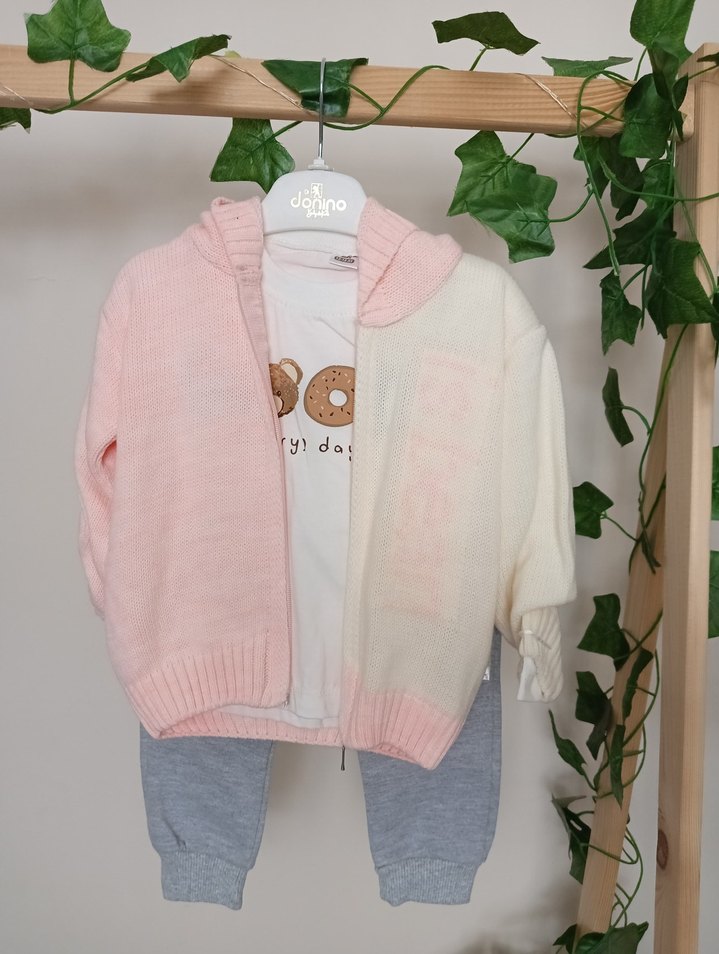 Kapüşonlu Pembe Kız Çocuk Triko Hırka - Görsel 2