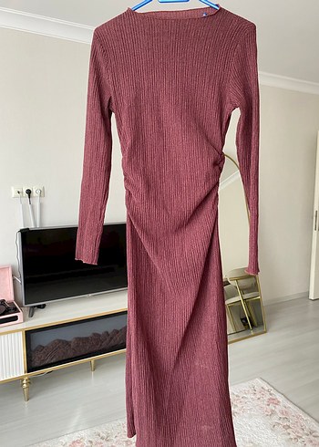 Bordo Piliseli Uzun Kollu Kadın Elbise - Görsel 2