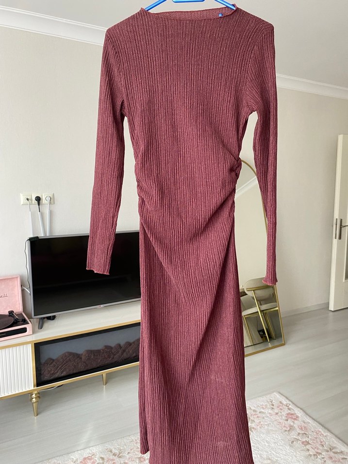 Bordo Piliseli Uzun Kollu Kadın Elbise - Görsel 2