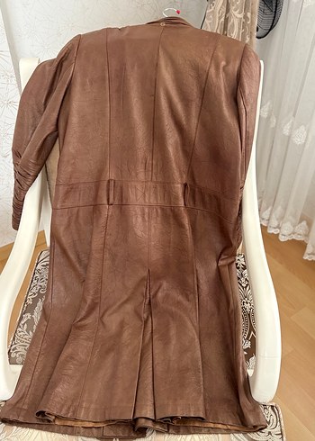Düğmeli Kahverengi Uzun Deri Kadın Ceketi - Görsel 3
