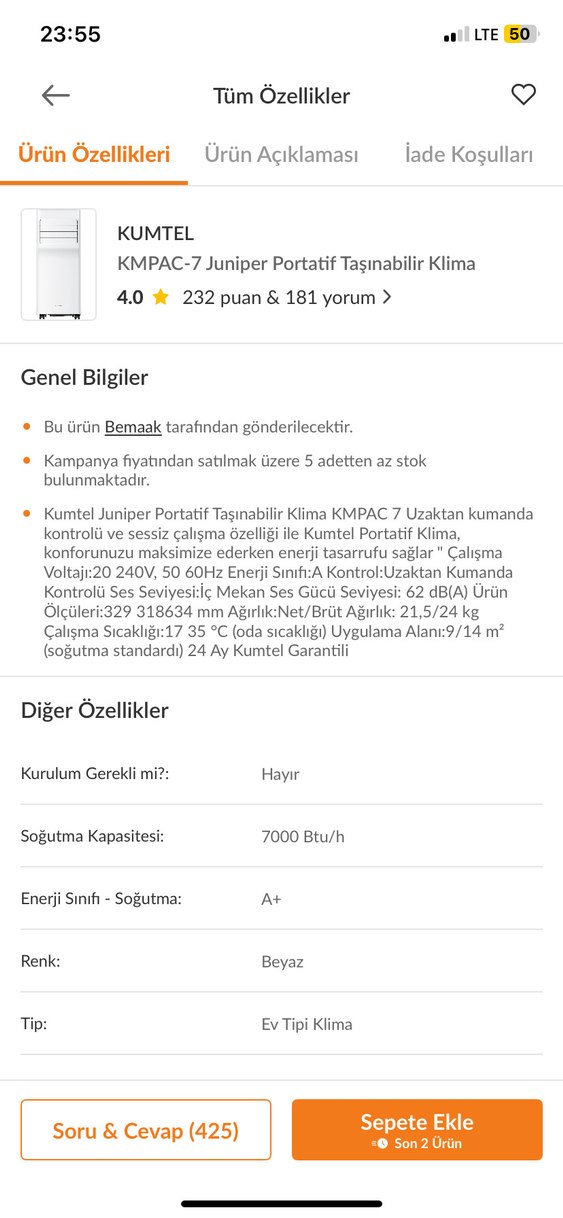 Kumtel KMPAC-7 Juniper Portatif Klima - Görsel 3