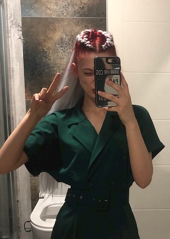 Kemerli Kısa Yeşil Kadın Tulum - Görsel 2