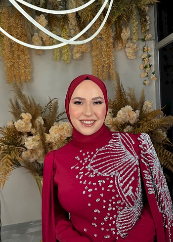 Bordo İşlemeli Uzun Kollu Abiye Elbise - Görsel 6