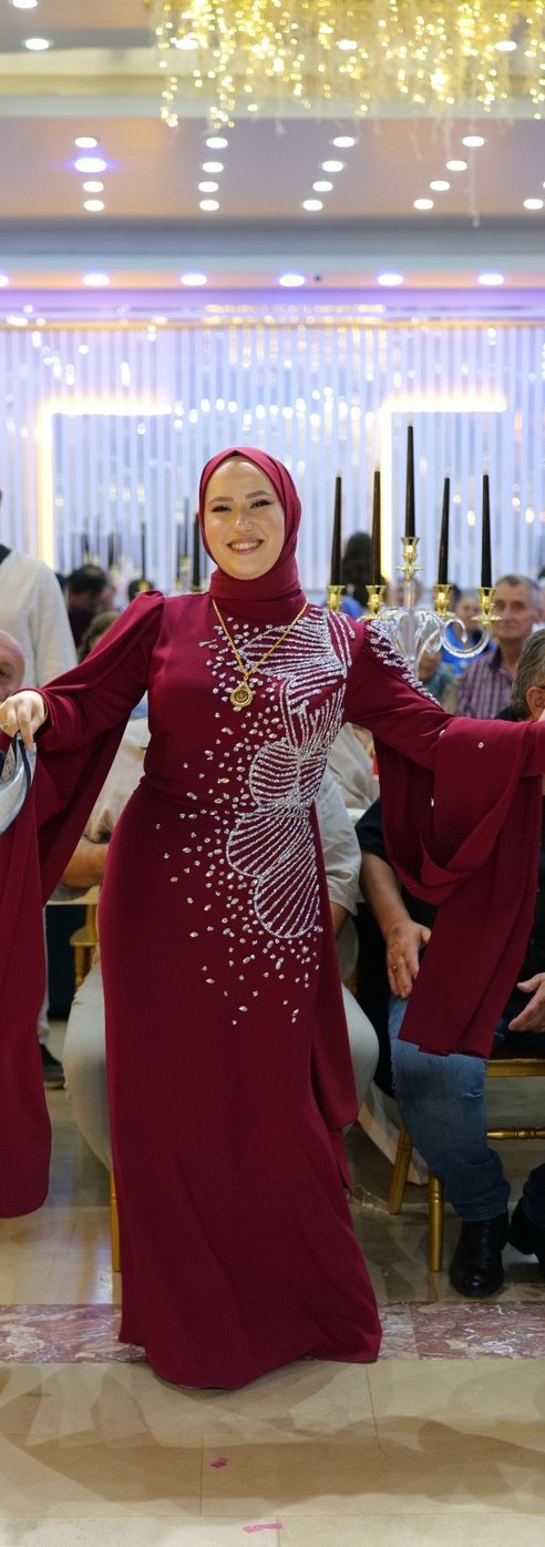 Bordo İşlemeli Uzun Kollu Abiye Elbise - Görsel 5