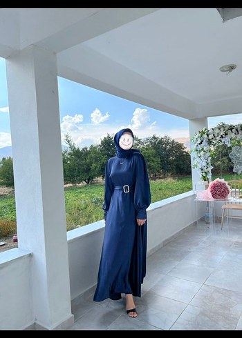 Lacivert Uzun Kol Drapeli Kadın Elbise