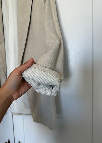 38 Beden ten rengi Renk Zara Bej Keten Kadın Midi Blazer Ceket