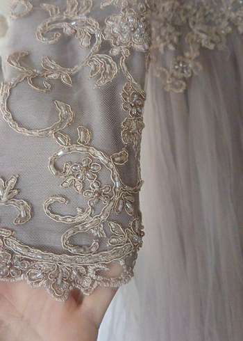 40 Beden gri Renk Uzun Kollu Dantel Vintage abiye