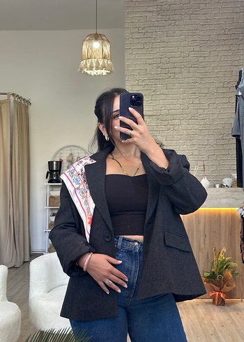 Diğer Gri Denim Düğmeli Street Style Blazer