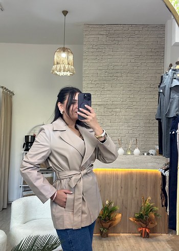diğer Beden ten rengi Renk Bej Midi Deri Kemerli Kadın Trençkot