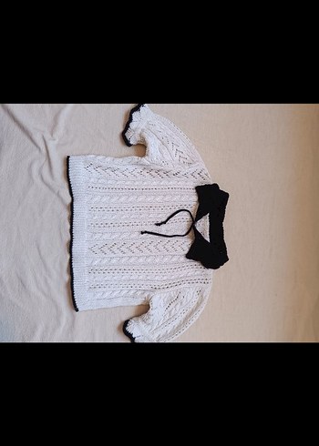 Kısa Kollu Örgü Beyaz Dantelli Yünlü Crop Tişört y2k vintage - Görsel 2