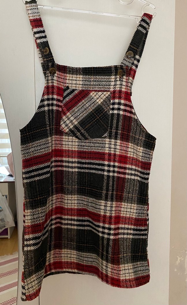 Bordo Ekose Desenli Kadın Kısa Tulum elbise - Görsel 2