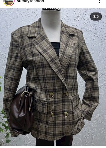 Düğmeli Kareli Kahverengi Kadın Blazer Ceket - Görsel 3