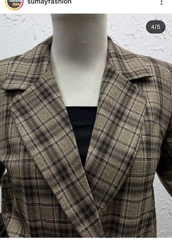 Düğmeli Kareli Kahverengi Kadın Blazer Ceket - Görsel 4